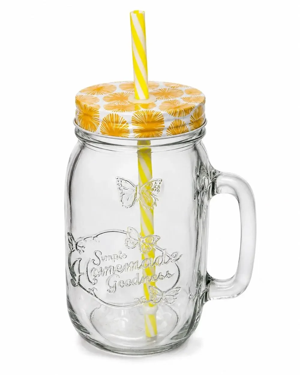 Vintage Simple Homemade Goodness Butterfly Mason Jar Glass Tumbler with Straw